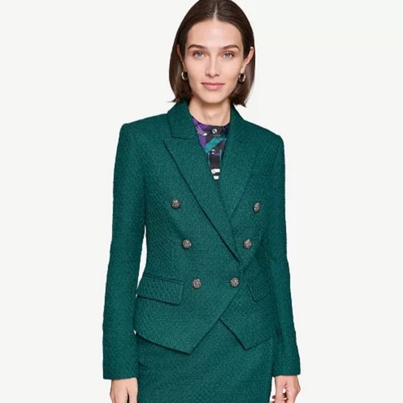 NWT KARL LAGERFELD PARIS Women's Tweed Double Breasted Blazer Dark Green 10 - Picture 10 of 13